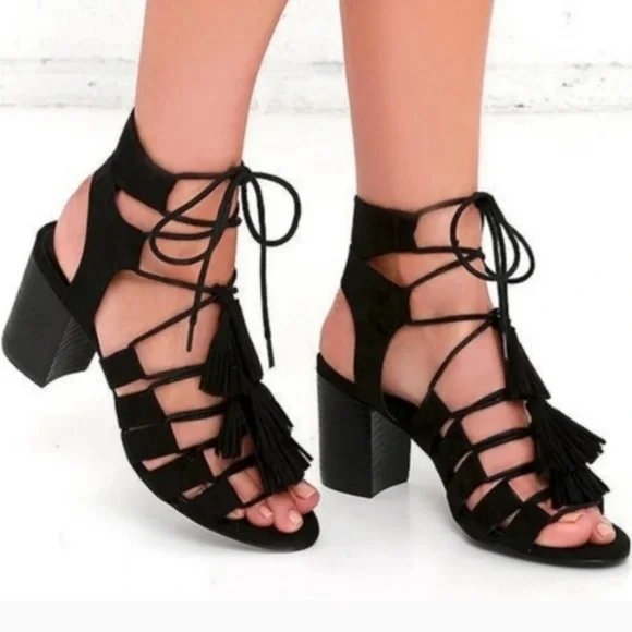 COCONUTS MATISSE Copa Tassel Lace Up Strappy Sandals Heel Suede Black 6 - Picture 1 of 7